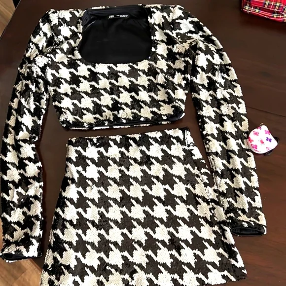 zara sequin houndstooth dress Zara Houndstooth Embroidered Sequined Shift Dress Size Small